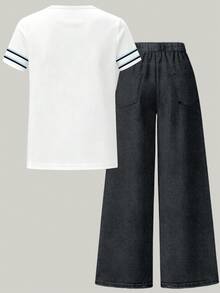 Genkimix Kids 2件組青少年女孩套裝，數位印花技術，粉紅色上衣印有「NOVA BEAT」字母與星星裝飾卡通女孩，圓領短袖T恤 + 寬鬆休閒寬腿褲，整體運動休閒風格，適合日常穿著、學校活動，春夏季節 - 彩色 - 查看 2