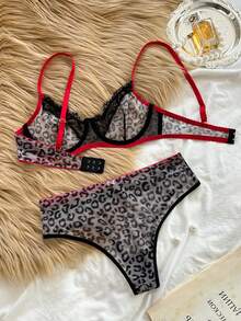 Bare Chapter 2pcs Women Lace Patchwork Leopard Print Wireless Thin Cup Comfortable Lingerie Set - Black - View 7