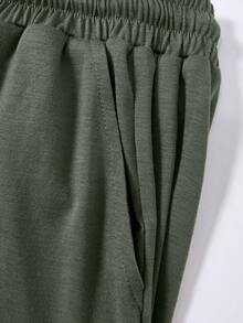 SHEIN Teen Girls Casual Minimalist Olive Green Square Neck Ruched Waist Short Sleeve T-Shirt And Wide Leg Pants Co-Ord Set - Olive Green - View 7