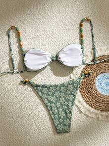 Swim Mod Women's Summer Beach Vacation Floral Textured Beaded Bikini Swimsuit Set,Cute Floral Pattern Green Swimsuit - Multicolor - View 3