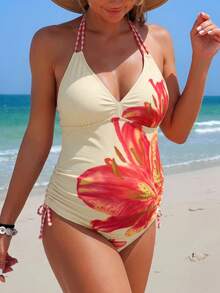 SHEIN 2026 Spring/Summer Floral Print Yellow Comfortable Maternity Vacation Beach Spaghetti Strap Bikini - Multicolor - View 6