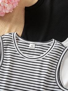 SHEIN Sparklyn 3件装少女夏季背心，黑白条纹多色上衣，柔软质感面料上衣，白色上衣 - 彩色 - 查看 4