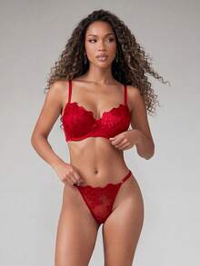 SHEIN 2pcs Mesh Embroidery Women's Lingerie Set - Red - View 3