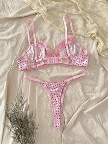 CottageSlumber 2pcs Women Lace Patchwork Lingerie Set With Polka Dot Print Decor - Pink - View 2