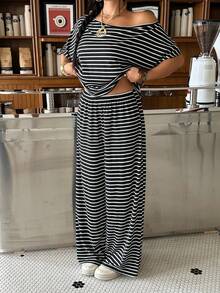 Muchica Striped Asymmetric Collar Top And Pants Plus Size 2 Pieces Set - Black and White - View 4