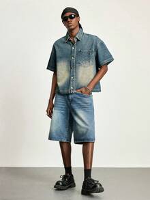 ROMWE MEN Grunge Punk Áo sơ mi denim vintage đã qua xử lý dành cho nam, áo khoác tay ngắn cổ bẻ dáng rộng thoải mái, hàng mới mùa hè. - Màu xanh lam - Xem 3