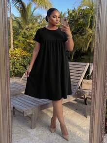 SHEIN Lady CURVE 大码女式黑色休闲简约圆领连衣裙，夏季 - 黑色 - 查看 6