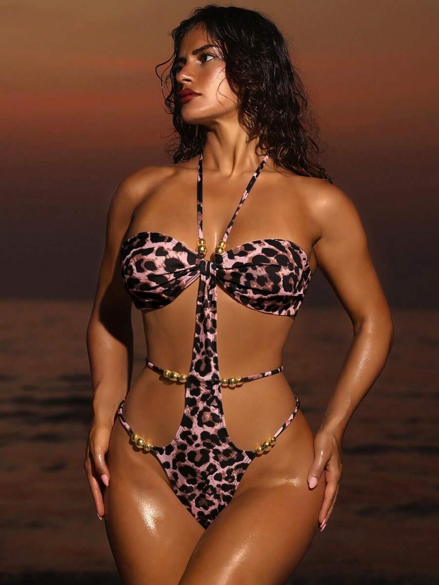 Swim SXY Solid Color Shoulder Strap Backless Faux Pearl Decor High Cut Hollow Sexy One-Piece Swimsuit, Festival Boho - Multicolor - View 1