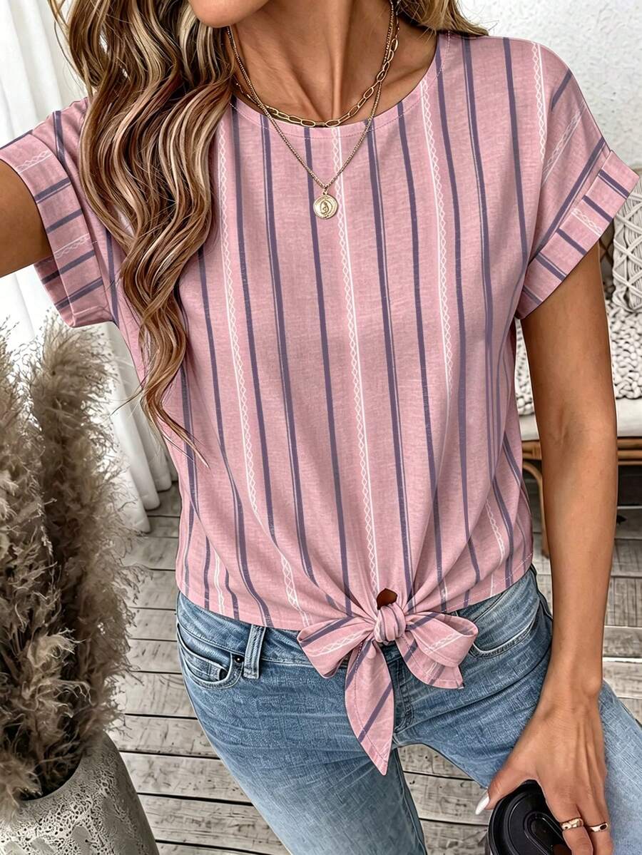 EMERY ROSE Plus Size Graphic Print Round Neck Short Sleeve Shirt - Multicolor - View 1