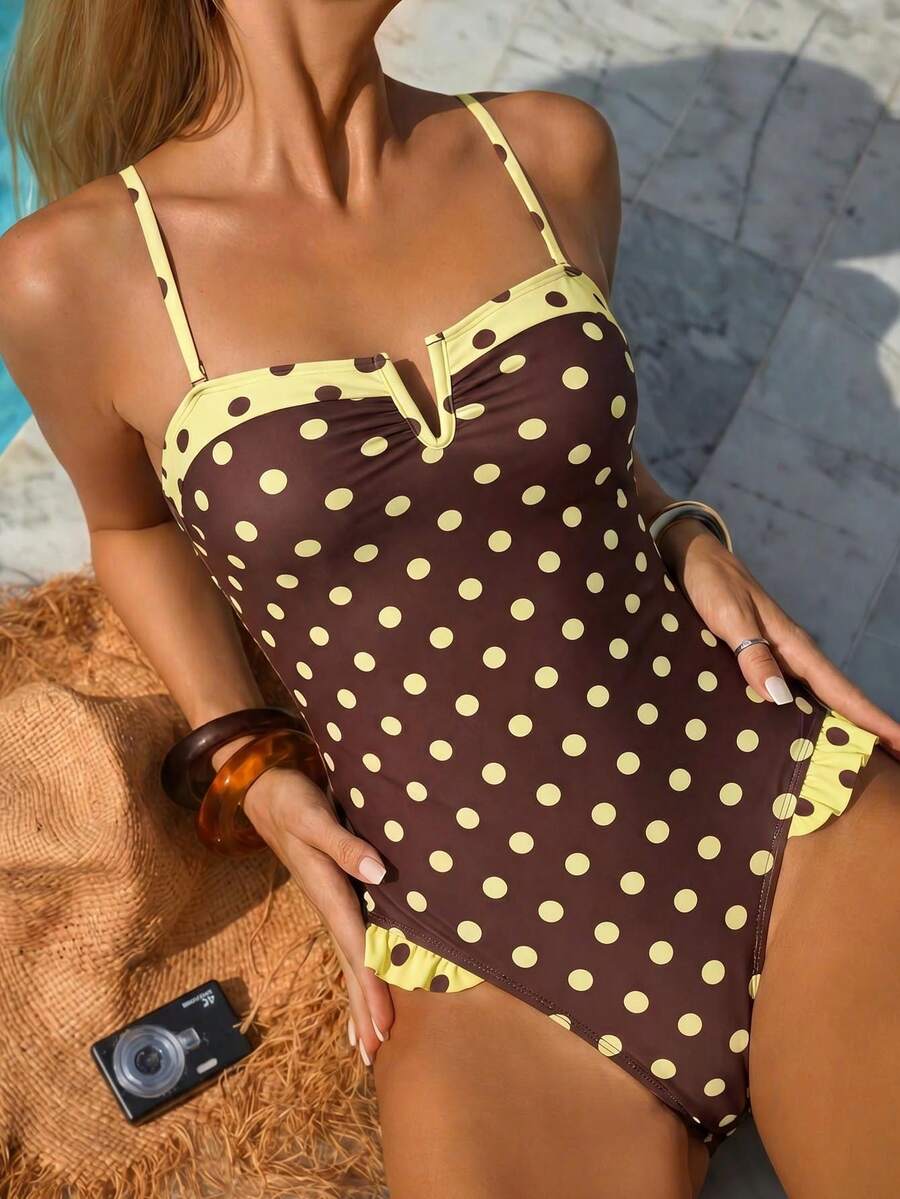 Swim Mod Traje de baño de una pieza con volantes y estampado de lunares en contraste de colores, nuevo para primavera/verano 2026 - Multicolor - Ver 1
