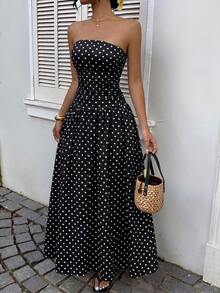GalTyme Plus Size Women's Polka Dot Ruched Casual Tube Dress - Black and White - View 4