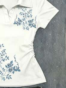 IslaSuriya 女士户外休闲运动Polo衫，夏季新品，印花设计，白色，Polo领，适合度假、返校季穿着，收腰设计 - 彩色 - 查看 4