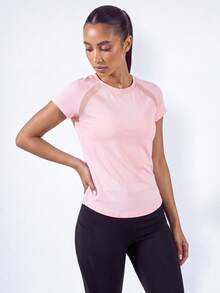 SHEIN BASICS Women Solid Color Round Neck Raglan Sleeve Short Sleeve Sports T-Shirt Gym Shirts - Pink - View 4