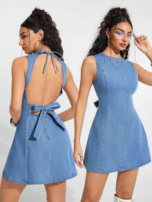 Jeanoix Women's Backless Tie Design Sleeveless Denim Dress Everyday Day Party Blue Autumn Casual Streetwear - Light Wash - View 1