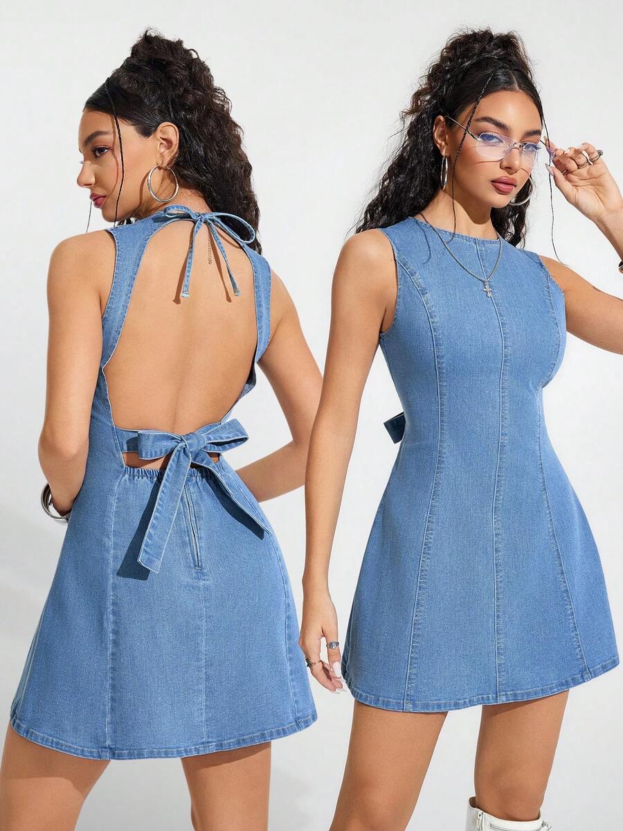Jeanoix Women's Backless Tie Design Sleeveless Denim Dress Everyday Day Party Blue Autumn Casual Streetwear - Light Wash - View 1