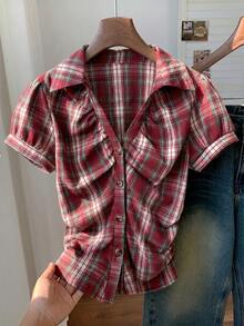 Comfortcana Women's Red Striped Short Puff Sleeve Single-Breasted Casual Shirt, Summer Clothing - Red - View 5
