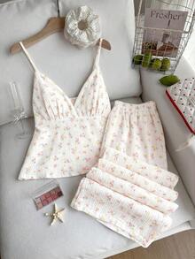 Comfortcana Plus Size 2pcs Set: Pink Contrast Floral V-Neck Ruffle Camisole And Shorts, Casual For Spring/Summer - White - View 8