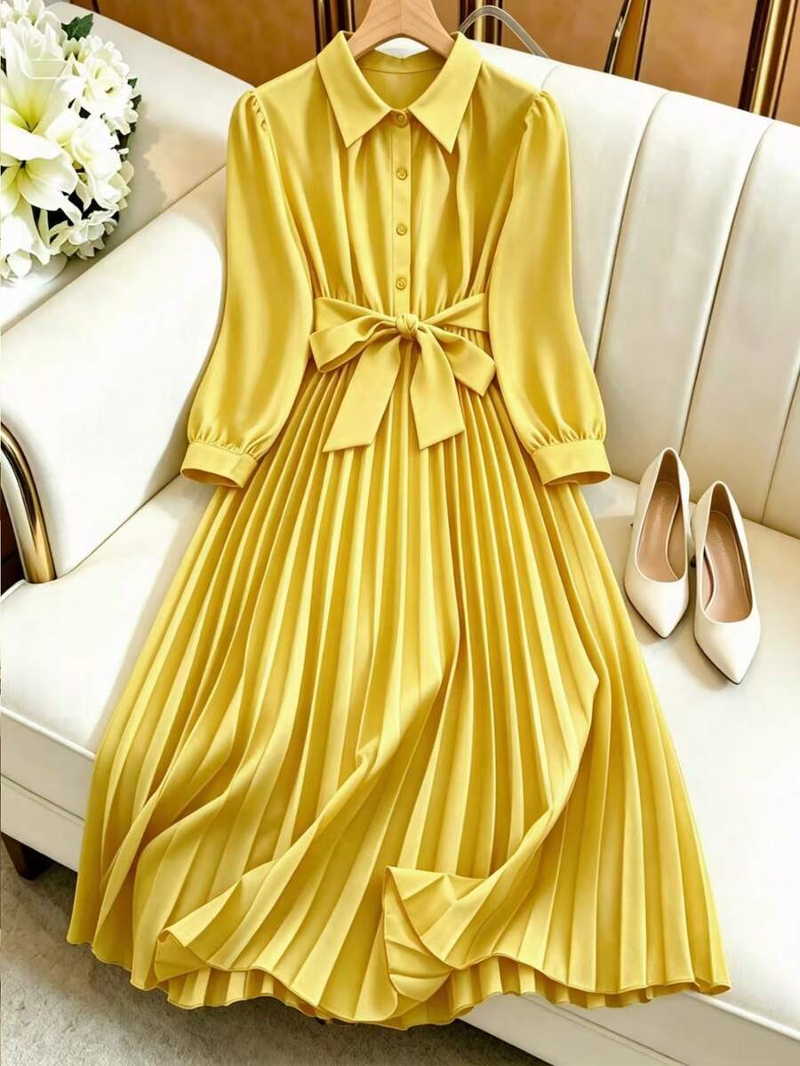 Qadelle 1pc Rivets Decorated Hem Pleated Commuter Dress For Women, Long Sleeve Maxi Women Outfit - Yellow - View 1