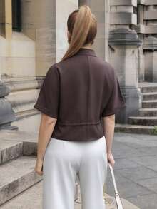 Elenary Edit Fashionable Short Utility Shirt, With Two Symmetrical Chest Pockets, Cinched Waist Design, Sleek And Practical Summer - Dark Grey - View 2
