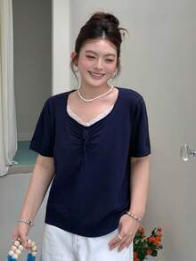Dazy Plus Solid Color Polo Collar Fitted Short Sleeve Knit Top, Spring/Summer/Autumn - Navy Blue - View 8