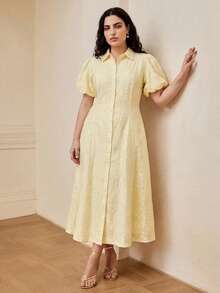 ZEYLAH Women's Sunflower Textured Waist Cinching Puff Sleeve Dress, Spring/Summer - Yellow - View 3