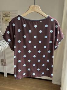 Comfortcana 大尺碼休閒復古美式學院風對比滾邊修身短袖T恤 - 棕色 - 查看 2