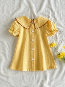 Vintaside Kids 新生女宝宝花卉刺绣连衣裙，乡村风时尚优雅百搭可爱春夏柔软面料 - 黃色 - 查看 2