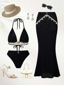 Bonvoyette 3pcs Solid Color Triangle Halter Tie Maxi Skirt Design Women Swimwear Set - Black - View 4