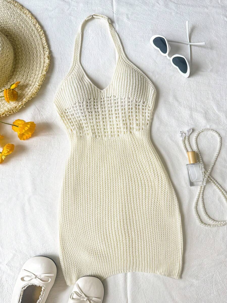 SHEIN Vestido de cobertura para niña preadolescente de unicolor con cuello halter y diseño calado - Albaricoque - Ver 1