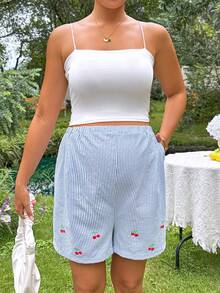 SHEIN Celana Pendek Hamil Musim Panas, Pinggang Elastis yang Dapat Diatur, Saku Miring, Longgar dan Nyaman, Motif Ceri Lucu, Kasual - Biru - View 6