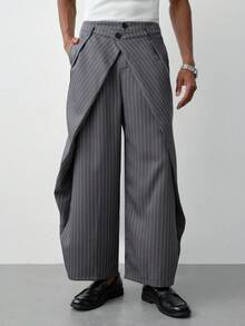 HUEFORM Daily Streetwear, Campus Outfits, Summer Vacations & Casual Hangouts Young Casual Yarn-Dyed Pinstripe Double Waistband Pants, Drapey Breathable Woven Fabric, Relaxed Oversized Fit, Dark Grey With White Pinstripes Men's Casual Trousers, Perfect For Young Casual Vacation Style & Student Looks, Ideal Gift For Boyfriend, Suitable For Spring & Summer. Wide Leg - Dark Grey - View 3