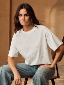 Anewsta Women's Loose Fit Rhinestone Embellished Round Neck T-Shirt, Fresh Summer Style Everyday White Basic Casual - White - View 7