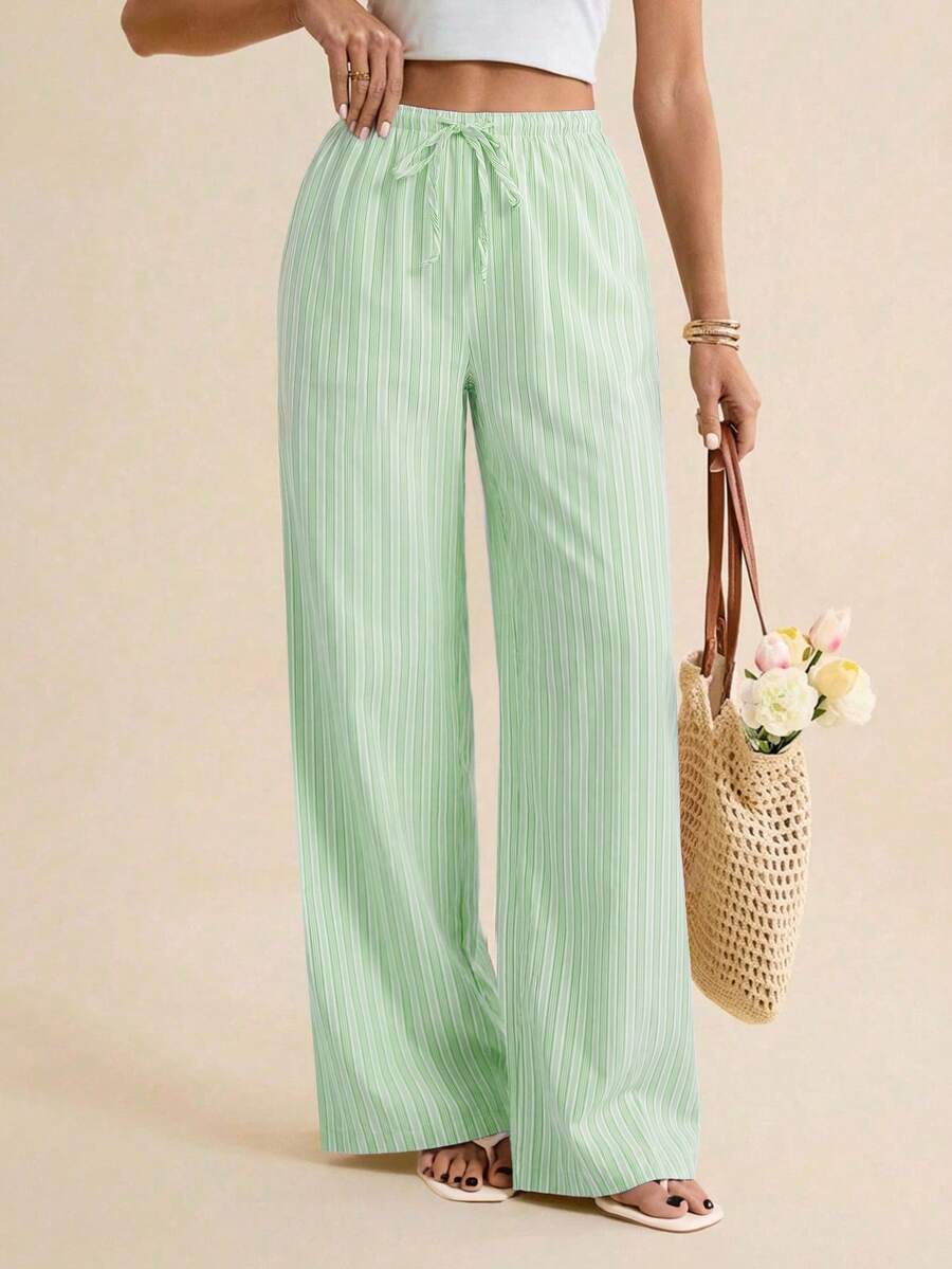 SHEIN Tall Quần ống rộng kẻ sọc có dây rút, kiểu dáng dễ thương cho mùa hè, kỳ nghỉ, đi biển, thanh lịch, chất liệu vải lanh, trang phục công sở cho nữ, quần mùa xuân cho nữ. - Màu xanh Bạc hà - Xem 1