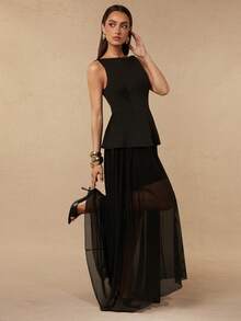 Silquee Stylish Elegant Mature Black Sleeveless Fitted Dress Women Features Flowing Mesh Hem Summer Parties Dinner Date Formal Birthday Bar Night Day Weddings - Black - View 1