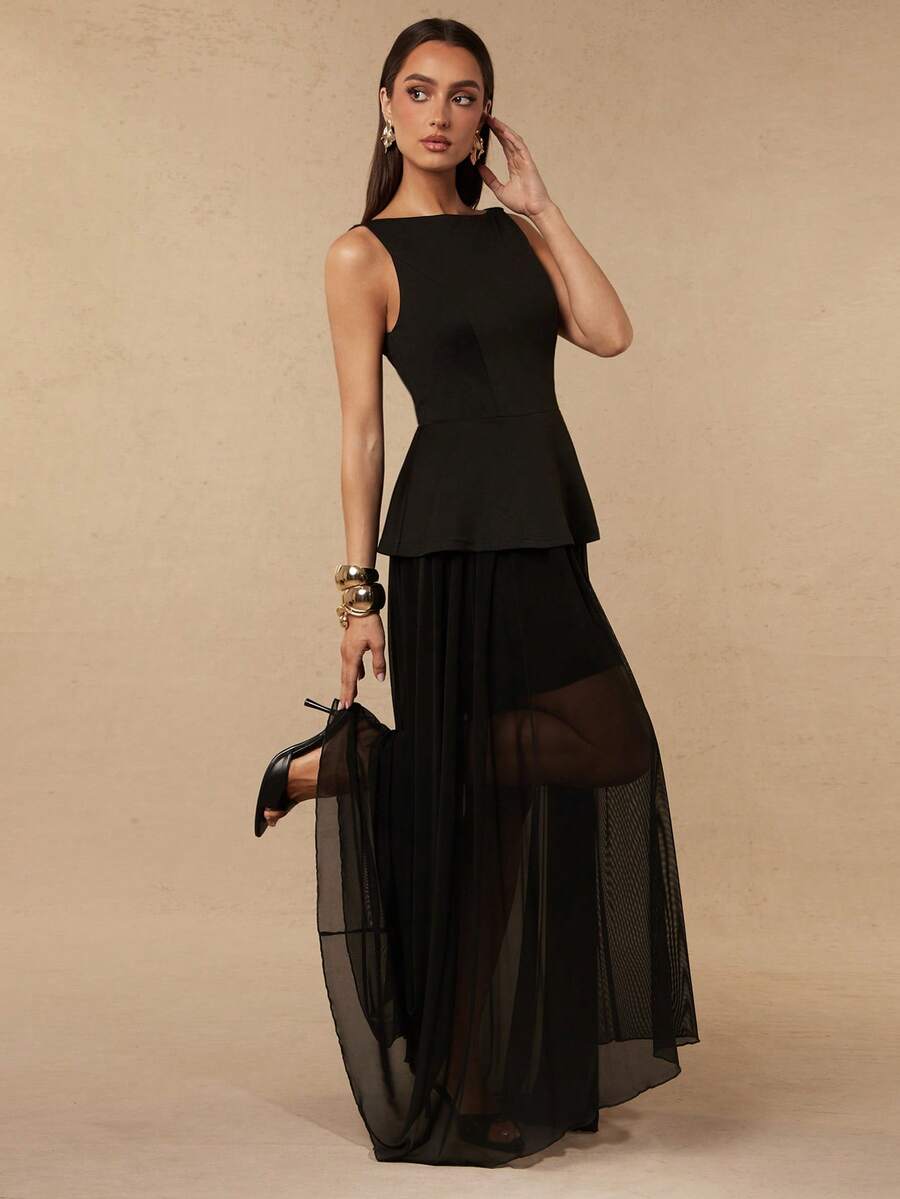 Silquee Stylish Elegant Mature Black Sleeveless Fitted Dress Women Features Flowing Mesh Hem Summer Parties Dinner Date Formal Birthday Bar Night Day Weddings - Black - View 1