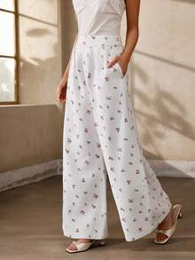 SHEIN Holidaya Jeans casuales anchos y sueltos con pliegues y estampado floral diminuto para mujer - Blanco - Ver 9