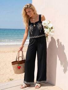 Sylviya Women's Casual Tropical Vacation Summer Floral Print Tank Top And Pants 2 Pieces Set Outfits Beach Black - Black - View 7