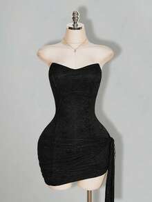 SHEIN ICON 女款素色抓皺時尚約會派對迷你抹胸洋裝 - 黑色 - 查看 10