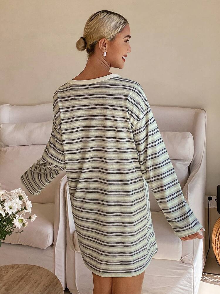 Women's Striped Casual Round Neck Long Sleeve Loungewear Dress