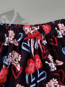 Betty Boop x SHEIN Women's Casual Cartoon Portrait Pattern Round Neck Short Sleeve T-Shirt And Shorts Pajama Set, Summer - Red - View 12