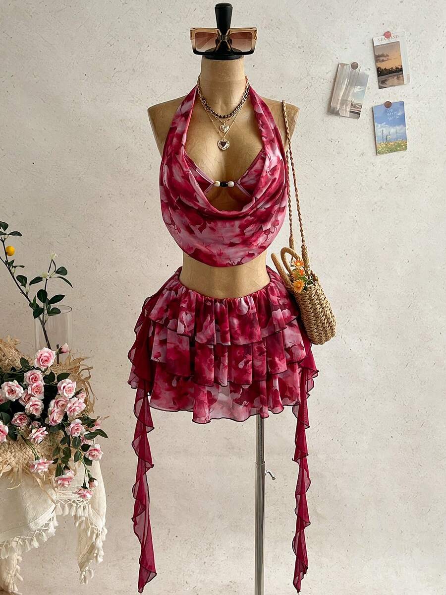 Soleia 女款對比色垂領荷葉邊上衣與迷你裙兩件套，時尚夏季套裝 - 彩色 - 查看 1