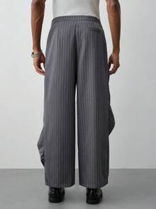 HUEFORM Daily Streetwear, Campus Outfits, Summer Vacations & Casual Hangouts Young Casual Yarn-Dyed Pinstripe Double Waistband Pants, Drapey Breathable Woven Fabric, Relaxed Oversized Fit, Dark Grey With White Pinstripes Men's Casual Trousers, Perfect For Young Casual Vacation Style & Student Looks, Ideal Gift For Boyfriend, Suitable For Spring & Summer. Wide Leg - Dark Grey - View 2