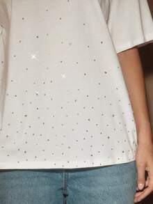 Anewsta Women's Loose Fit Rhinestone Embellished Round Neck T-Shirt, Fresh Summer Style Everyday White Basic Casual - White - View 3