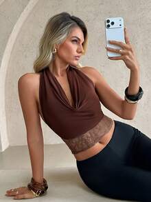 Privoire Women's New Fashion Solid Color Lace Patchwork Versatile Casual Commuter Top T-Shirt - Brown - View 6