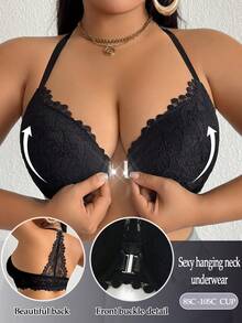 DesireSculpt 1pc Women Plus Size Lace Racerback Design Underwire Front Closure Bra - Black - View 1