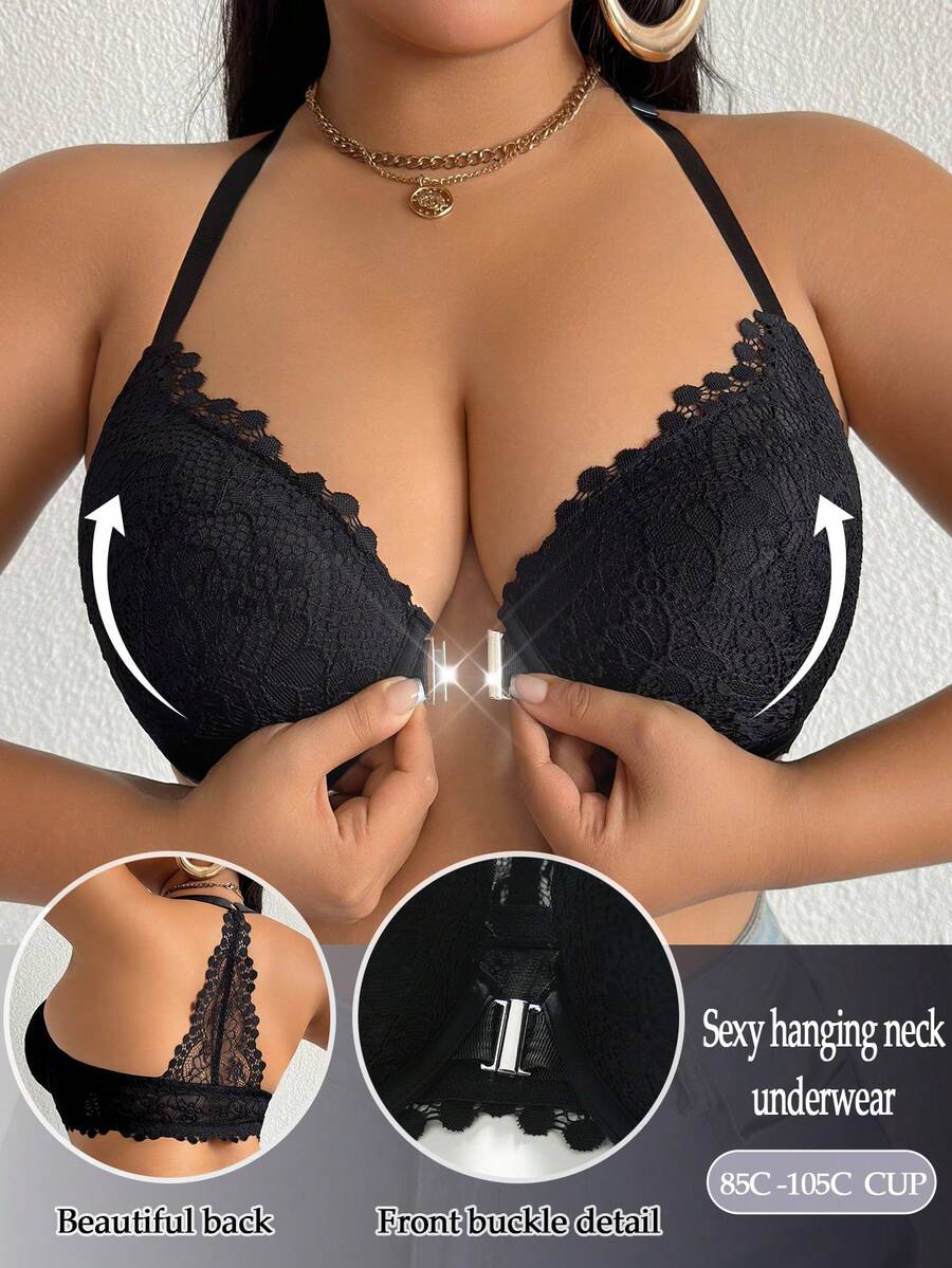 DesireSculpt 1pc Women Plus Size Lace Racerback Design Underwire Front Closure Bra - Black - View 1