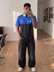 Sport MetroGents 男款對比色圓領舒適運動T恤，足球、健身、度假 - 黑色 - 查看 6