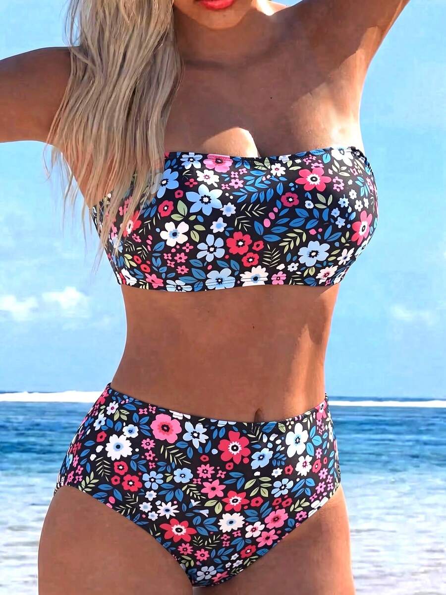 Swim Lushoire 女款夏季海灘碎花可拆卸細肩帶高腰比基尼套裝 - 彩色 - 查看 1