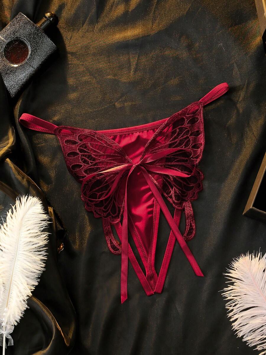 Seduluxe Milk Silk Seductive Buttock Tie Embroidered Butterfly Open Crotch Lingerie Ball Bridal Burgundy Summer - Burgundy - View 1
