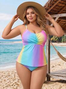 SHEIN CURVE+ Plus Size Spaghetti Strap Gradient Color Tankini Top, Summer - Multicolor - View 6